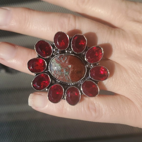 New Oversized Seam Agate and Garnet 925 Silver Statement Ring. - Picture 8 of 16